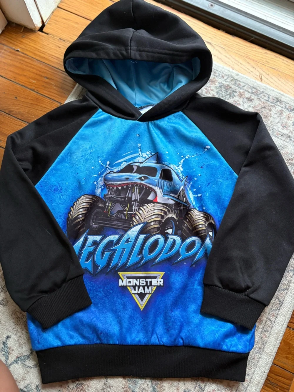 Boys size 6 MONSTER JAM Megalodon Blue & Black Hooded Sweatshirt